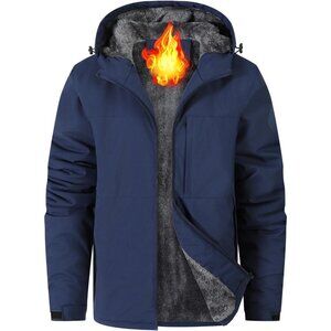 Men's Waterproof Snow Blue Jacket Fleece Lined Warm Winter Rain Jacket with Hood